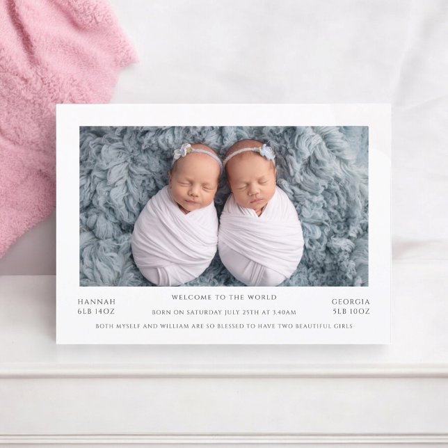 carte de Faire-part pour bébés jumeaux photo minim (twins,birth announcement,baby girls fully editable and downloadable)