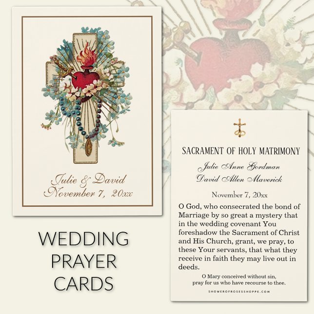 Carte de faveur de mariage à fleurs bleues de la V (Traditional Catholic Immaculate Heart of Mary Wedding Prayer Cards)