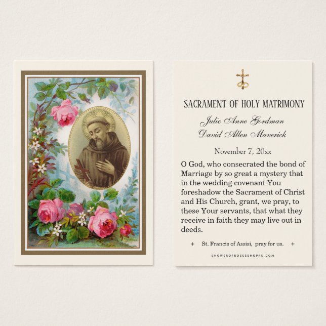 Carte de faveur de mariage élégante en or St. Anth (Devant & derrière)