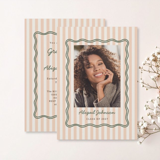 Carte de Félicitations avec Rayures et Cadre Ondul (Striped and Wavy frame graduate card announcement with invitation and photo with earthy colors )