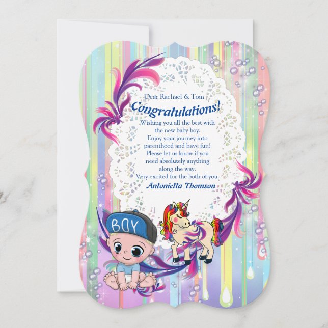 Carte de félicitations Baby Boy Bubbles & Unicorns (Devant)