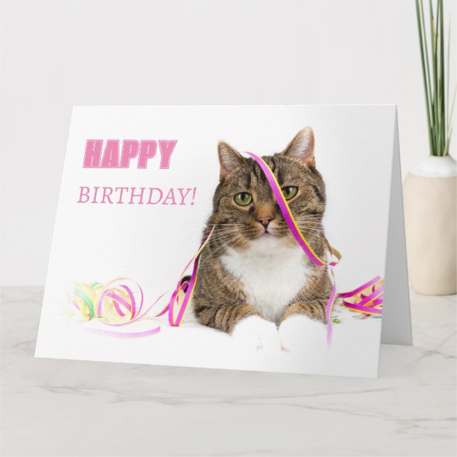 Carte de félicitations chat avec des serpentins (Devant)