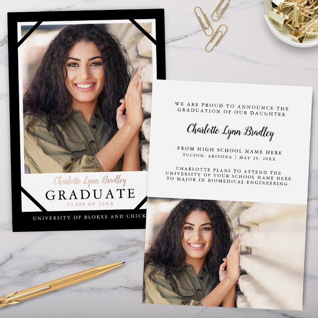 Carte de Félicitations de Diplôme Moderne Tendance (modern black and white graduation announcment with 2 photos and rose gold foil for elegant grad card)