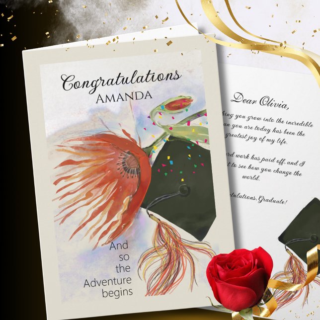 Carte de Félicitations Fantaisiste pour Diplômée a (Whimsical Red Protea Graduation Card for Her)