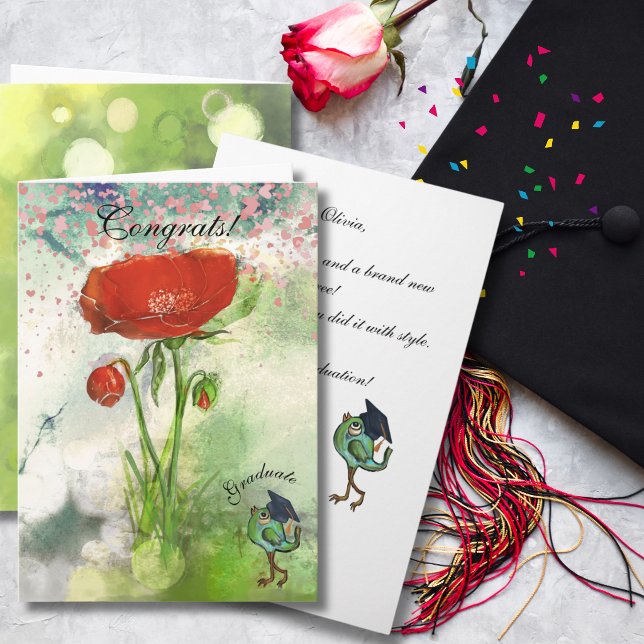 Carte de Félicitations Fantaisiste Rouge Coquelico (Whimsical Red Poppy Graduation Card for Daughter )