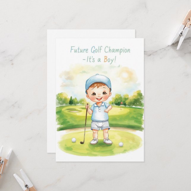 Carte de Félicitations Golf C'est un Garçon | Bébé (Devant/Arrière en situation)