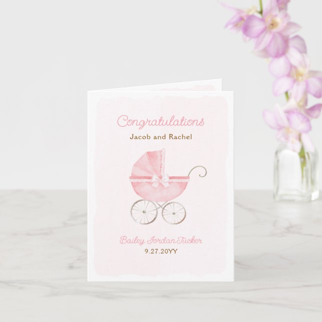 Carte de félicitations pour bébé fille avec landau (Orchidée)