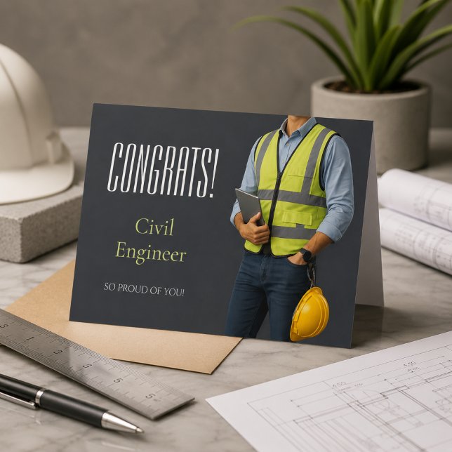 Carte de Félicitations pour Ingénieur Civil (Modern civil engineer congratulations card with a clean industrial-inspired design.)