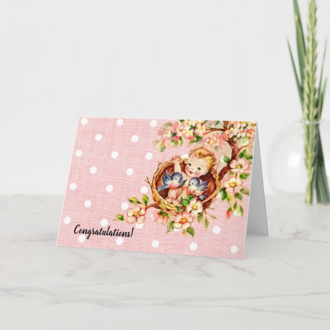 Carte de félicitations vintage rose pour bébé (Devant)