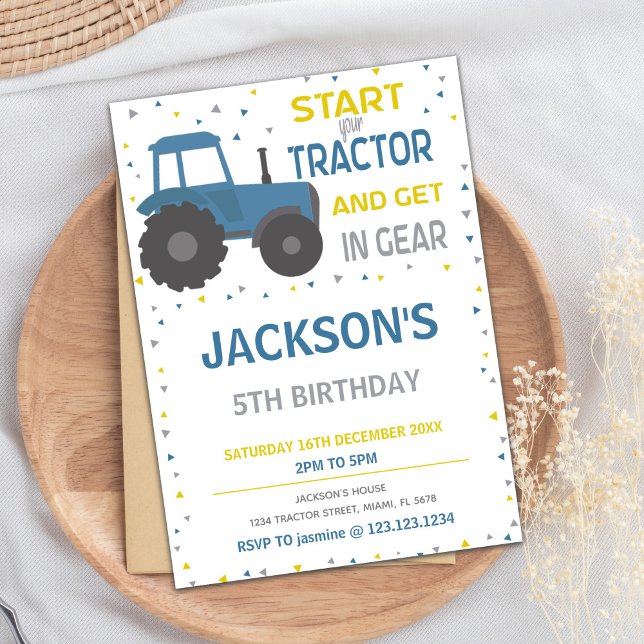Carte de fête à thème de la ferme pour garçons ou  (Blue Tractor Birthday Invitations)