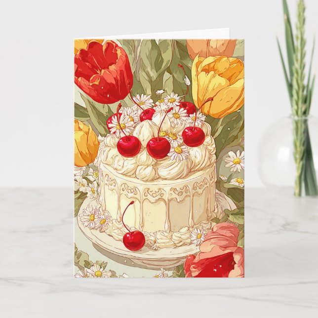 Carte de fête d'anniversaire avec gâteau mignon (Devant)