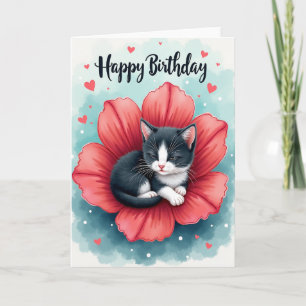 Carte de Fête d'Anniversaire Chat Fleur Douce
