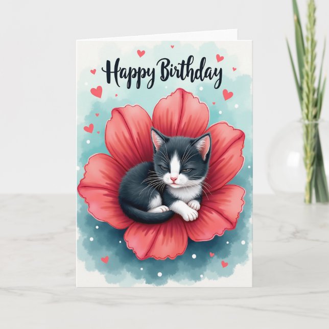 Carte de Fête d'Anniversaire Chat Fleur Douce (Devant)