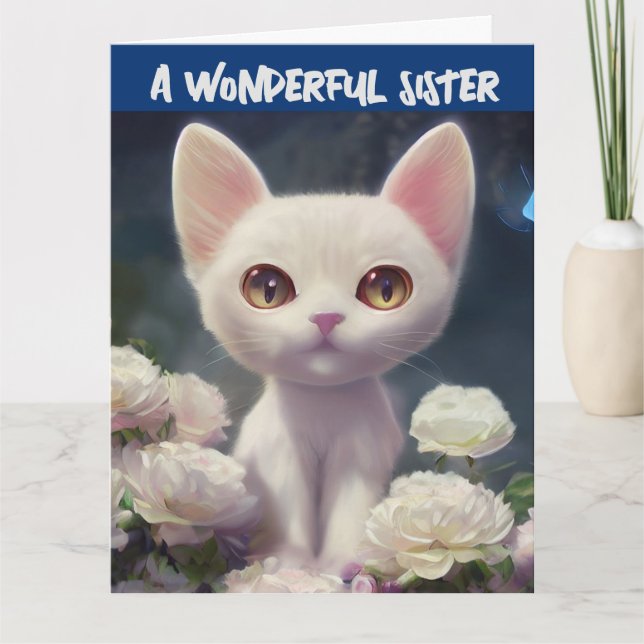 Carte de fête d'anniversaire de sœur CHAT BLANC Ca (Devant)