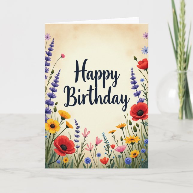 Carte de Fête d'Anniversaire Florale de Prairie (Devant)
