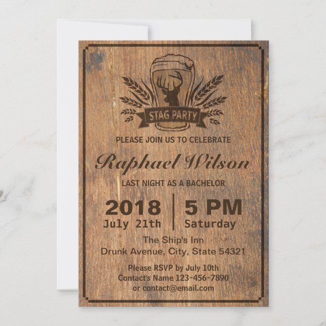 Carte de fête de bachelor avec bois rétro, bière e (Devant)