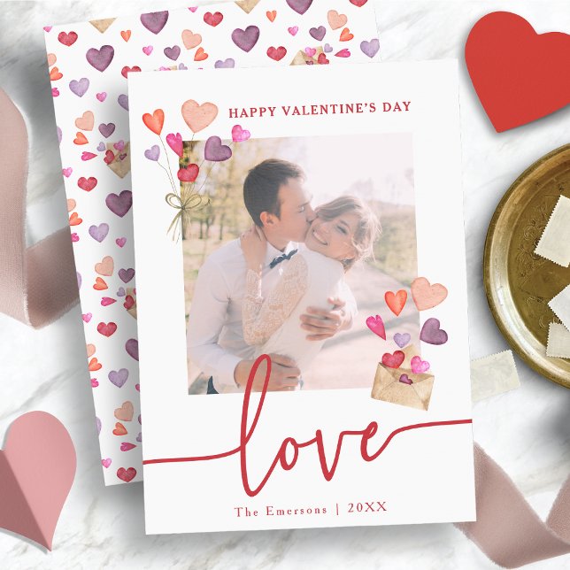 Carte de fête de la Saint-Valentin (Watercolor Hearts Valentine's Day Photo Holiday Card)
