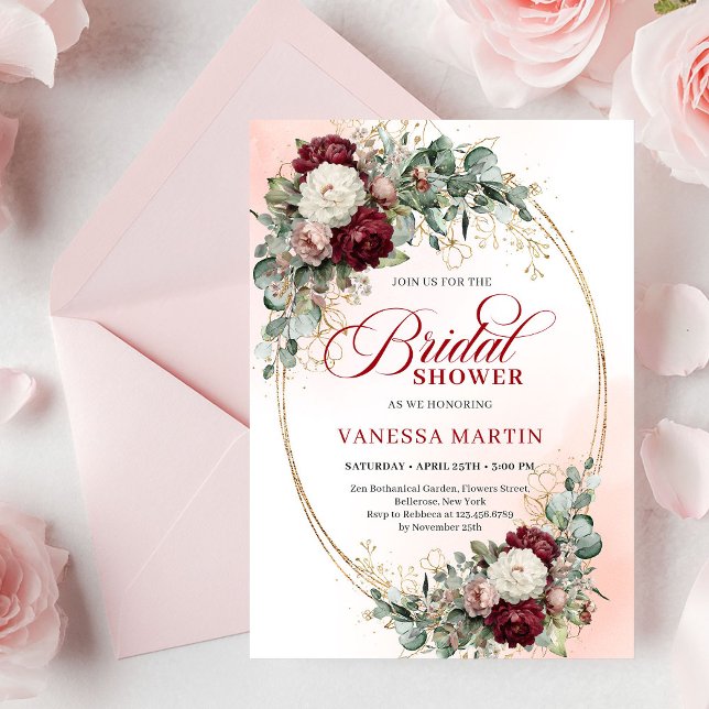Carte de Fête de Mariage Romantique Marron Florale (Romantic Maroon Floral Gold Bridal Shower Card

)