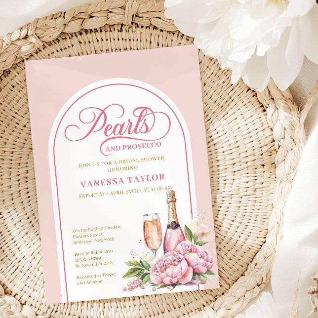 Carte de Fête de Mariage Rose et Or Élégante (Elegant Pearls and Prosecco Bridal Shower Invite)