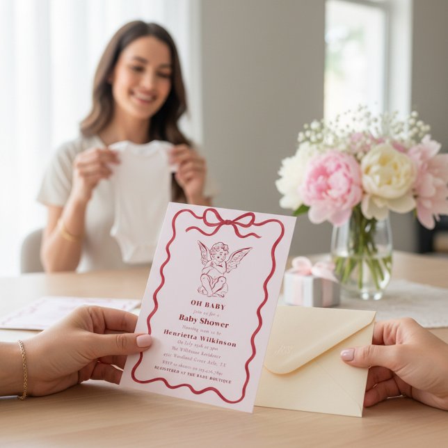 Carte de Fête de Naissance Cherubin Rouge Ruban Ro (Créateur téléchargé)