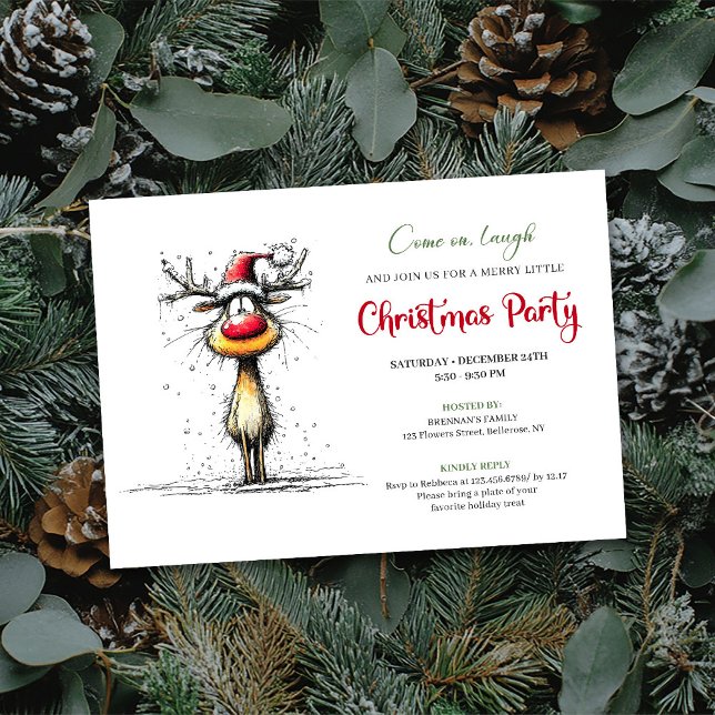 Carte de fête de Noël à main levée de renne drôle (Funny Reindeer Hand Drawn Holiday Party Card)