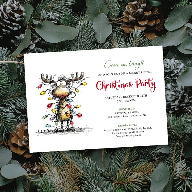 Carte de fête de Noël aquarelle de renne drôle (Funny Reindeer Watercolor Christmas Party Card)