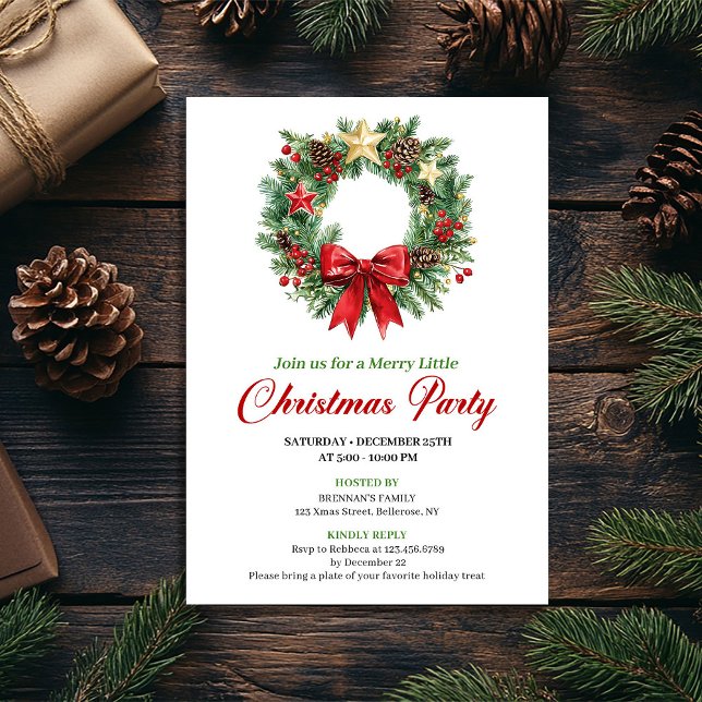 Carte de fête de Noël Couronne de Noël Aquarelle (Watercolor Christmas Wreath Holiday Party Card)