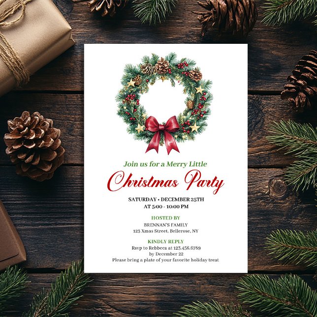 Carte de fête de Noël Couronne de pin aquarelle (Watercolor Pine Wreath Christmas Party Card)