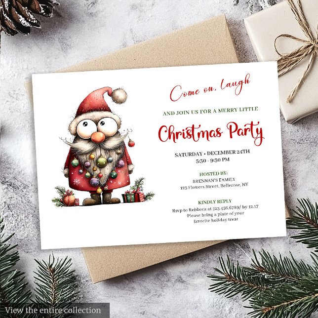 Carte de fête de Noël moderne avec un Père Noël jo (Cheerful Quirky Santa Modern Christmas Party Invite)