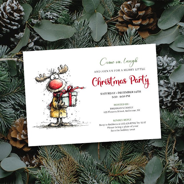 Carte de fête de Noël numérique de rennes fantaisi (Whimsical Reindeer Digital Christmas Party Card)