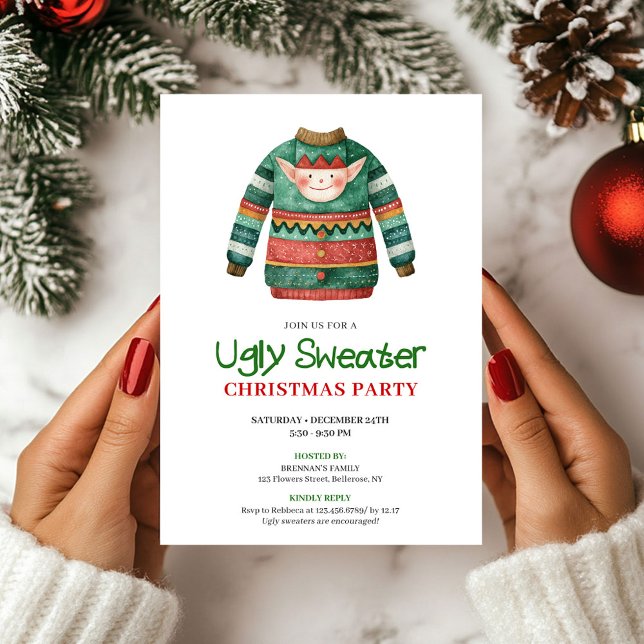 Carte de fête de Noël pour un pull moche drôle et  (Playful Funny Ugly Sweater Xmas Party Card)