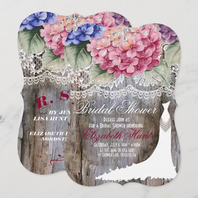 Carte de Fête des mariées en bois Hydrangeas Lace  (Devant / Derrière)