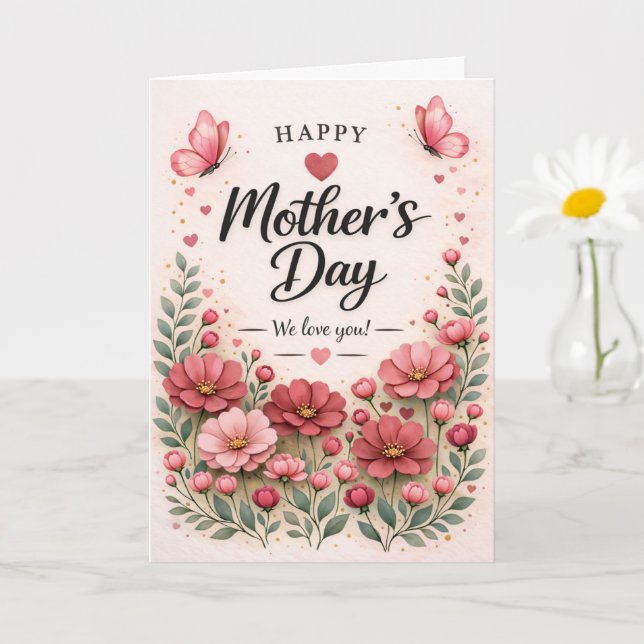 Carte de fête des mères aux fleurs de rose rose (Petite plante)