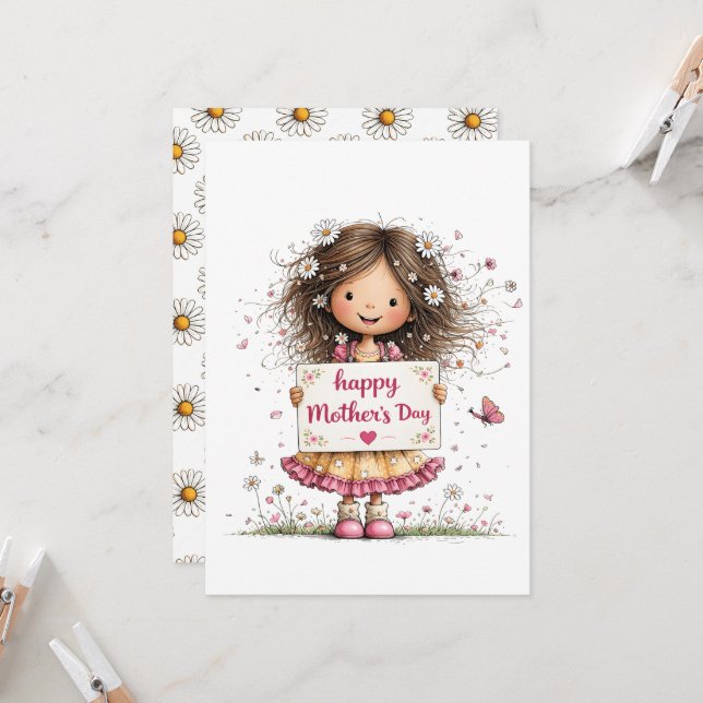 Carte de fête des mères avec illustration d'enfant (Devant/Arrière en situation)