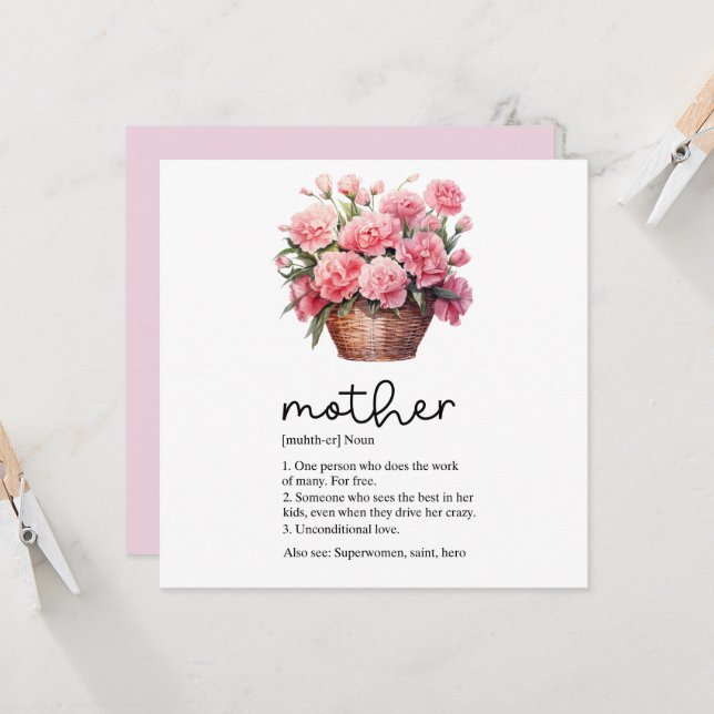 Carte de fête des mères avec oeillet rose (Devant/Arrière en situation)