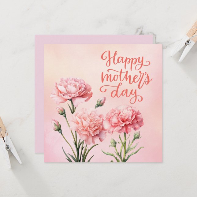 Carte de fête des mères avec oeillet rose (Devant/Arrière en situation)