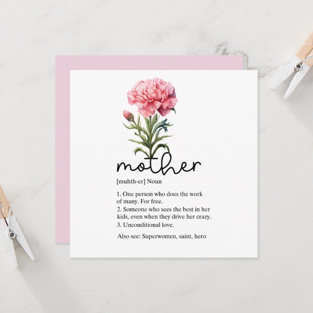 Carte de fête des mères avec oeillet rose (Devant/Arrière en situation)