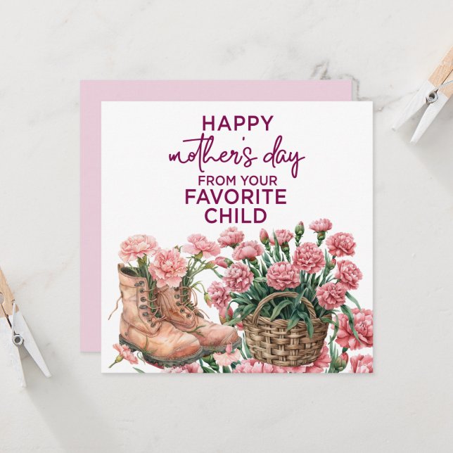 Carte de fête des mères avec oeillet rose (Devant/Arrière en situation)