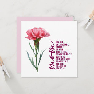 Carte de fête des mères avec oeillet rose