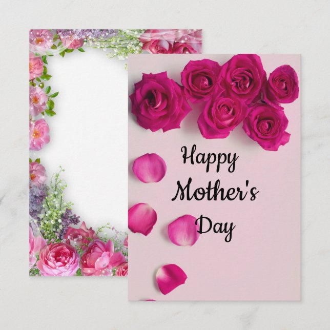 Carte de fête des mères joyeuse à fleurs roses (Devant / Derrière)