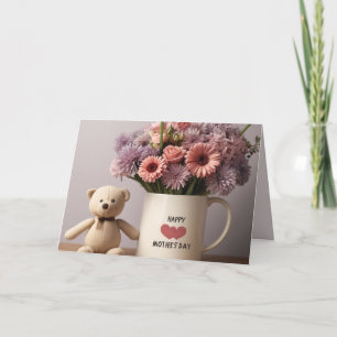 Carte de fête des mères Ourson, fleurs et mug