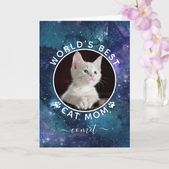 Carte de fête des mères photo de chat dans l'espac (Orchidée)