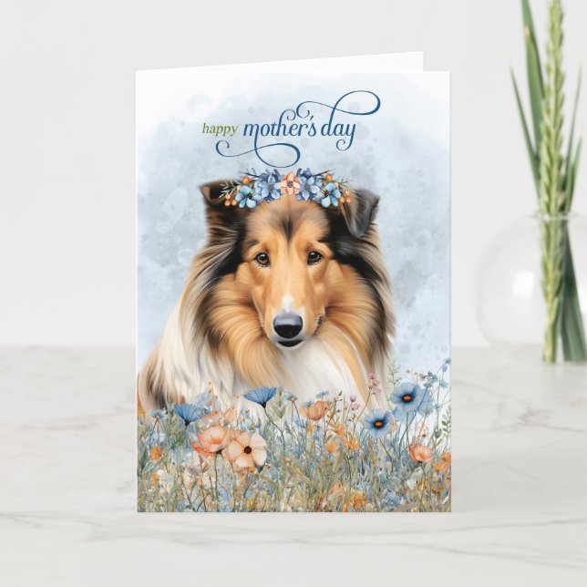 Carte de fête des mères Rough Collie et fleurs sau (Devant)