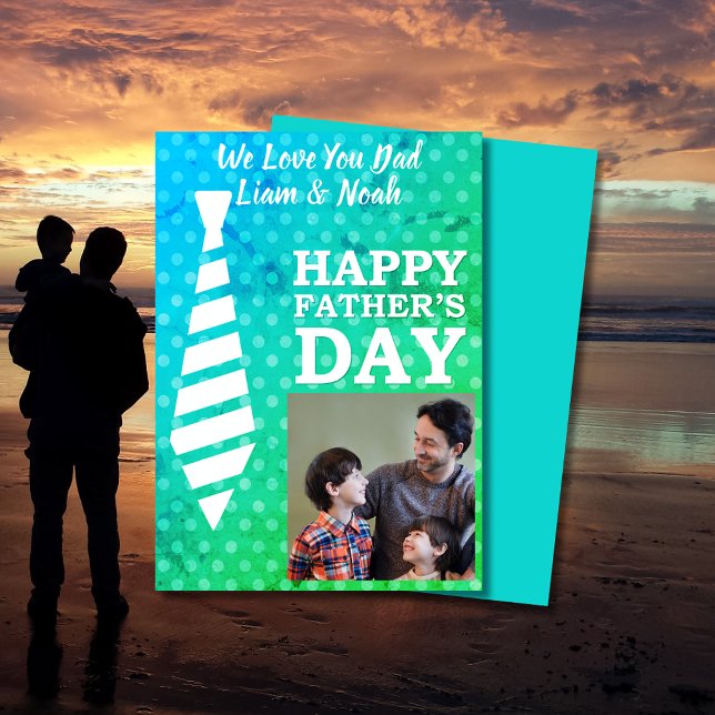 Carte de Fête des pères bleue aux points de Cravat (Instagram Photo Tie Dots Blue Fathers Day Card)