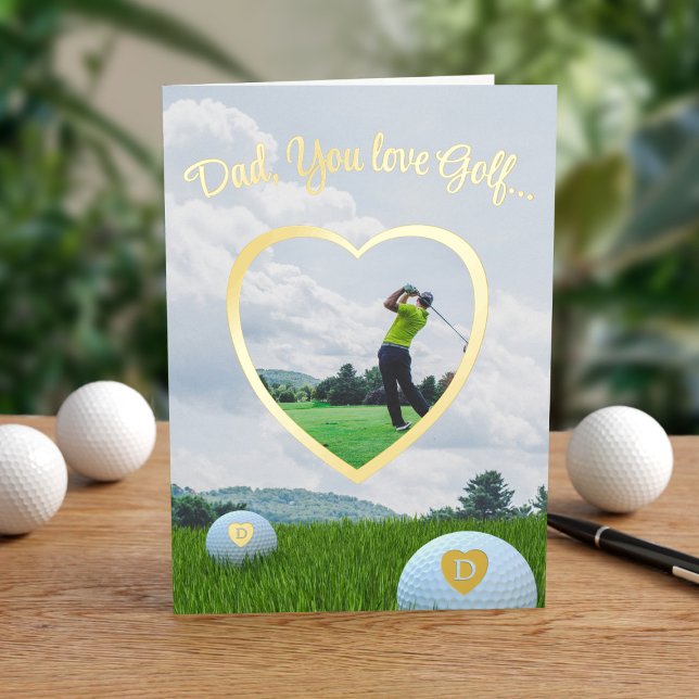 Carte de Fête des pères de cadre Coeur Foil Photo  (Fore the Golfing Dad on Father's Day - just add a photo and a message. Real Foil!)