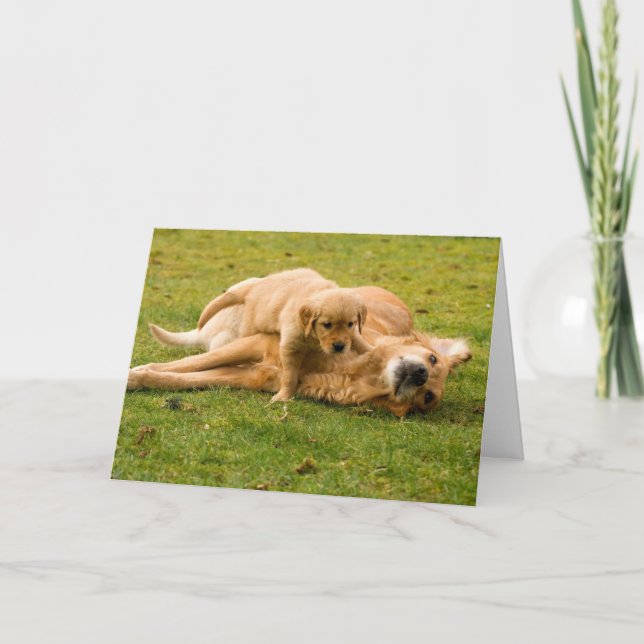 Carte de Fête des pères Golden Retriever et Puppy (Devant)