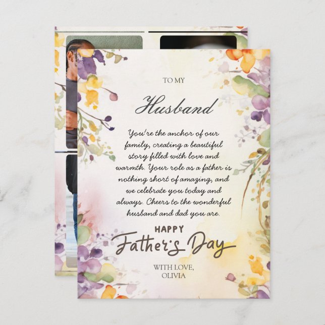 Carte de fête des pères pour mari de la femme Phot (Devant / Derrière)