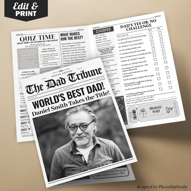 Carte de fête des pères unique en forme de journal (Personalized Father's Day Newspaper Card with Games)