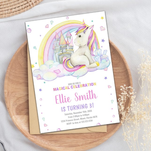 Carte de Fête d'Imaginaire Filles Editable avec Ma (Rainbow Castile Unicorn Invitations)