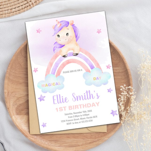 Carte de fête d'Imaginaire pour filles avec étince (Purple Pink Rainbow Unicorn Invitations)
